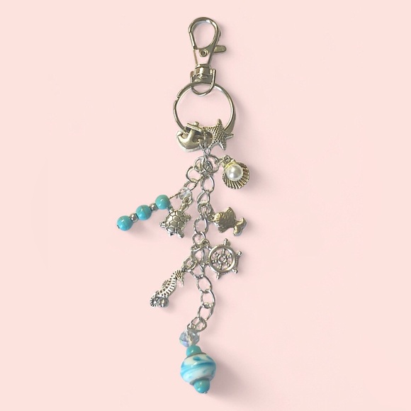 Hand Crafted Seaside Silver & Blue Beaded Keychain W/ Faux Pearl & Charms - Picture 3 of 5